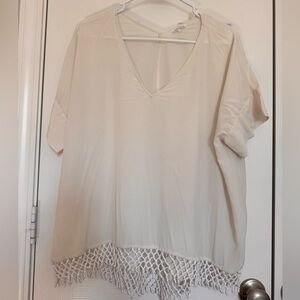 Club Monaco Cream Blouse with Crochet Hem 100% Silk